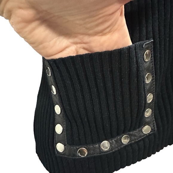 One Girl Who Black Genuine Leather Trim Ribbed Snap Button Up Cardigan Top Small - Picture 5 of 11